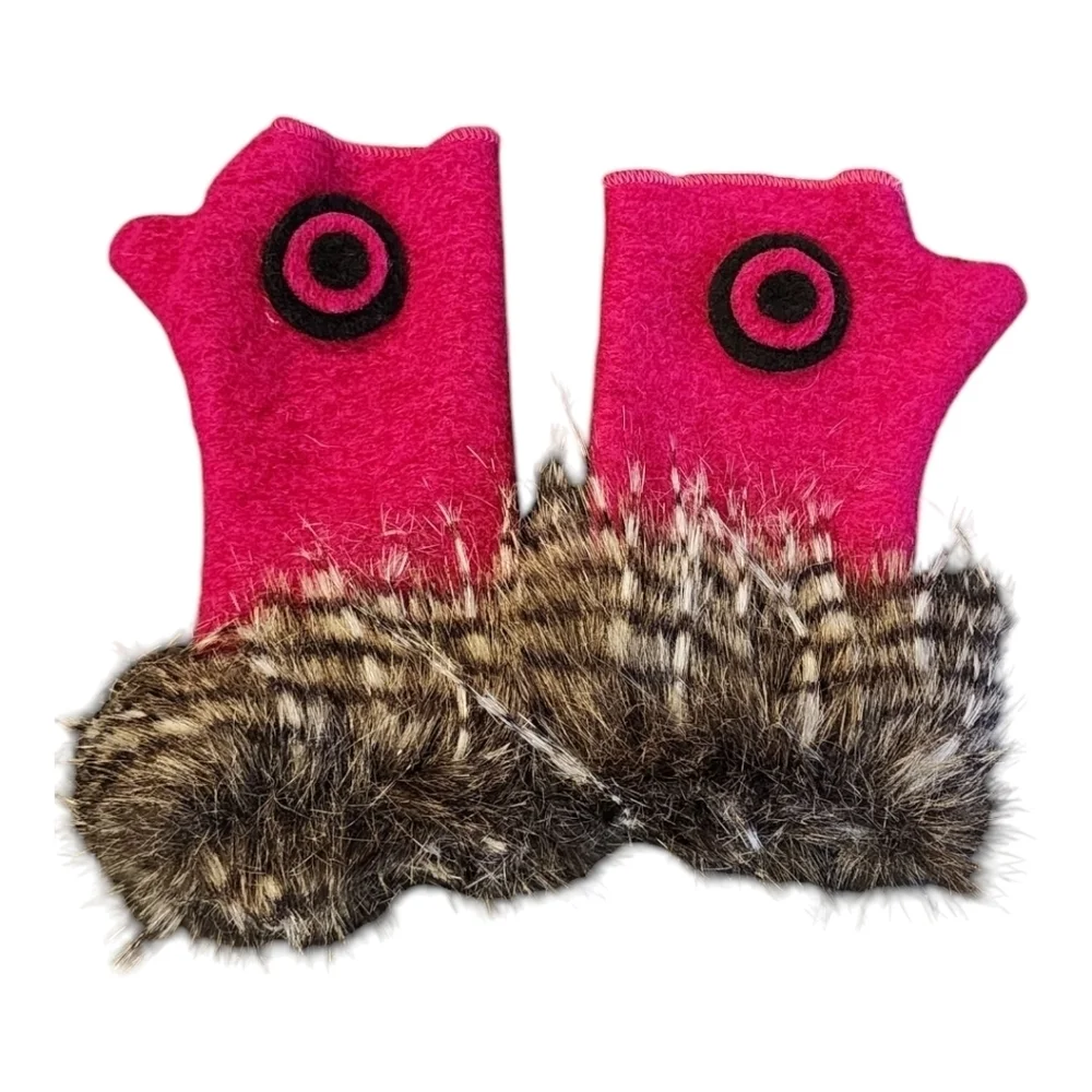 Platania Pink Black Wool Fingerless Gloves Fur Trim Made in Italy Bold Winter